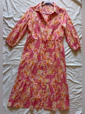 J McLaughlin Pink Floral Shirt Dress Size S Linen Cotton Pockets